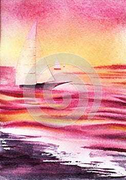 Romantic watercolor sea landscape of white sailboats floating across colorful waves of boundless sea reflecting sunset gradient