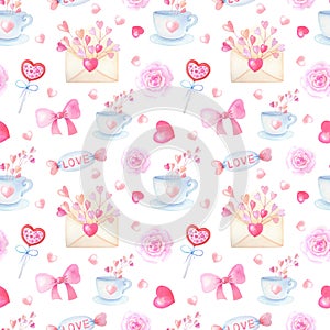 Romantic watercolor seamless pattern with pink hearts, roses, bows, candies, lollipops, circles on a white background.