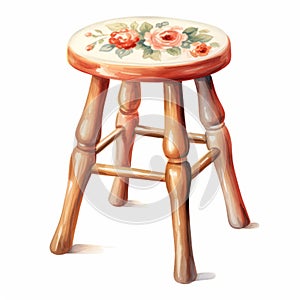 Romantic Watercolor Style Wooden Stool With Floral Illustration