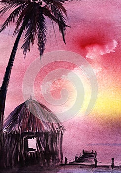 Romantic watercolor summer tropical landscape. Violet pink sky with clouds. Bungalow palm trees on shore. Wooden walkway