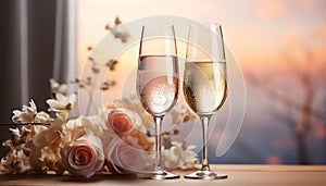 Romantic wedding celebration champagne, wine, love, elegance, flower, glass generated by AI