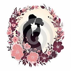 Romantic Wedding Couple Silhouette Surrounded By Floral Wreath