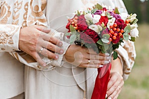 Romantic Wedding Embrace with Bridal Bouquet