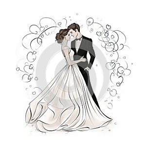 Romantic Wedding Illustration With Bride And Groom In Whimsical Style