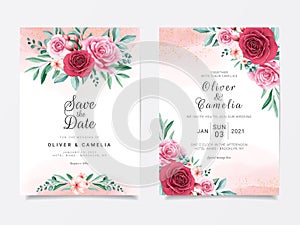Romantic wedding invitation card template set with burgundy and peach watercolor flowers decor. Floral background with glitter for