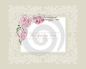 Romantic wedding invitation. Vintage card with pink flowers and floral white outline frame