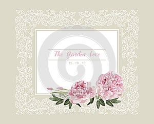 Romantic wedding invitation. Vintage card with pink and yellow flowers and floral white outline frame