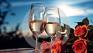 Romantic wedding outdoors, champagne toast, love and celebration generated by AI