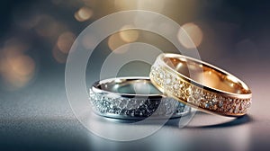 Romantic wedding ring celebration background with two gold rings balancing upright over a sparkling