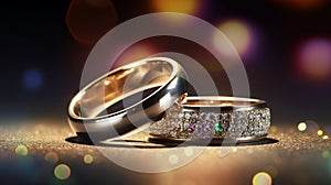 Romantic wedding ring celebration background with two gold rings balancing upright over a sparkling
