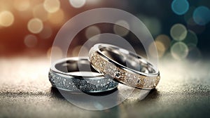 Romantic wedding ring celebration background with two gold rings balancing upright over a sparkling