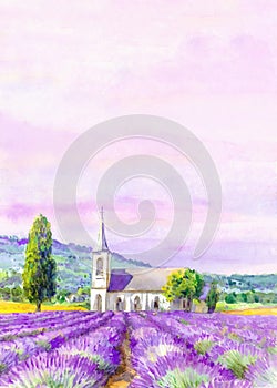 Romantic wedding save the date, country church and fields of lavender