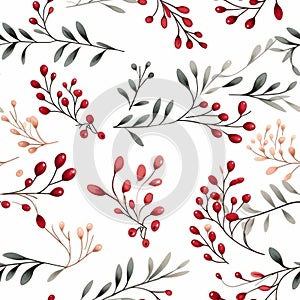 Romantic Whimsy: Red And Green Berry Pattern On White Background