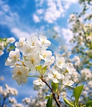 Romantic White Primroses in Spring Forest on Soft Blue Floral Background, generative AI