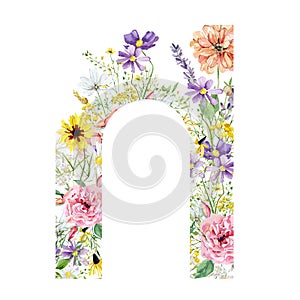 Romantic wild floral summer frame with watercolor hand drawn field wildflowers