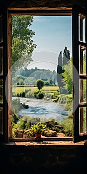 Romantic Window View Of Tuscany\'s River Landscape In 8k Resolution