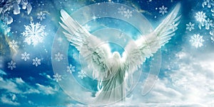 Romantic winter angel archangel with poetic snowflakes and sky