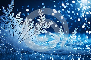 Romantic winter background with ice in blue tonality and with frozen plant