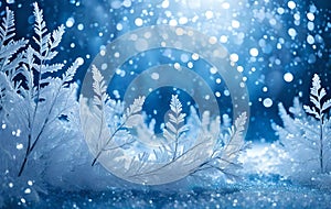 Romantic winter background with ice, lights and frozen plant in blue tonality