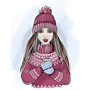 Romantic Winter Girl in Knitted Sweater and Hat Enjoying a Cup of coffee