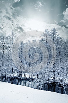Romantic winter landscape with snow and beautiful sky