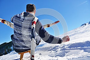 Romantic winter scene, happy young couple having fun on fresh show on winter vacatio, mountain nature landscape