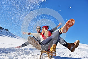 Romantic winter scene, happy young couple having fun on fresh show on winter vacatio, mountain nature landscape