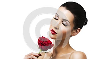 Romantic woman holding red rose on white background