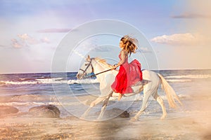 Romantic woman riding unicorn photo