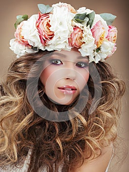 Romantic Woman in Wreath of Flowers with Perfect S