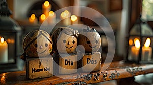 Romantic Wooden Figurines Celebrating Dia Dos Namorados Amidst Warm Candlelight