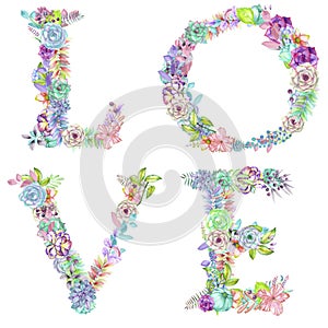 Romantic word ''LOVE'' wreathed with watercolor succulents, flowers and leaves on a white background photo