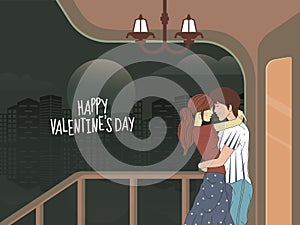 Romantic Young Couple Character Hugging in Balcony of the House with Evening City View for Happy Valentine\'s D
