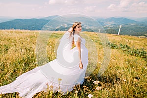 Romantic young pretty bride posing on the windy golden autumn field with small flowers. Hill landscape at background