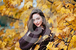 Romantic young woman in browm sweater in autumn park. Fall concept