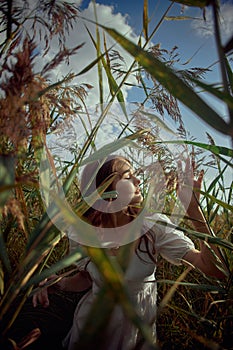 Romantic young woman in thick tall grass in field. Dreamy gentle woman in a white dress in nature. Natural beauty, enjoyment of