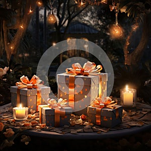 Romantically prepared gifts with gold karts around candles, trees, vegetation, home garden. Gifts as a day symbol of presen photo