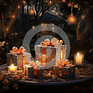 Romantically prepared gifts with gold karts around candles, trees, vegetation, home garden. Gifts as a day symbol of presen