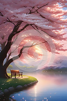 A romantice athmosphere of a serene park, with warm glow of sun, sakura tree, sweet fragrance of the blossoms, wallpaper