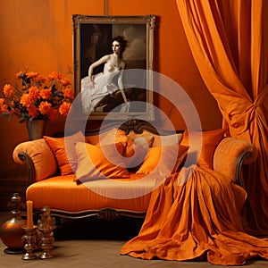 Romanticism-inspired Orange Couch And Curtains For Majestic Interior Design