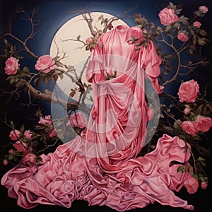 Romanticism Painting: Pink Roses And Moon In Mark Brooks Style