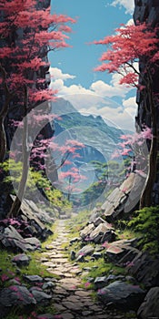 Romanticized Anime Landscape: Pink Pathway In Mountainous Vistas