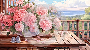 Romanticized Country Life: Pink Flowers In A 2d Game Art Style photo