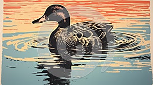 Romanticized Duck In Water Giclee Print Illustration In Woodcut Style
