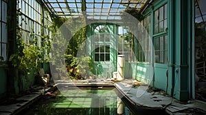 Romanticized Nature: A Botanic Study Of A Swimming Pool In An Old Building