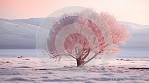 Romanticized Pink Tree At Sunrise In Snowfield - 8k Resolution