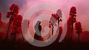 Romanticized Silhouette: A Woman Amidst Red Flowers In The Mist photo