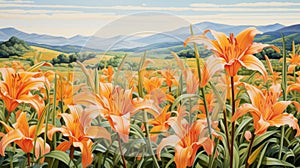 Romanticized Views Of Mountainous Vistas With Orange Lilies