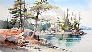 Romanticized Watercolor Landscape Painting Of Pine Trees Along Water