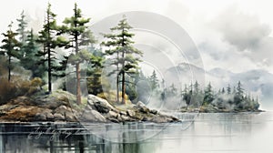 Romanticized Watercolor Painting Of Pine Trees And Lake